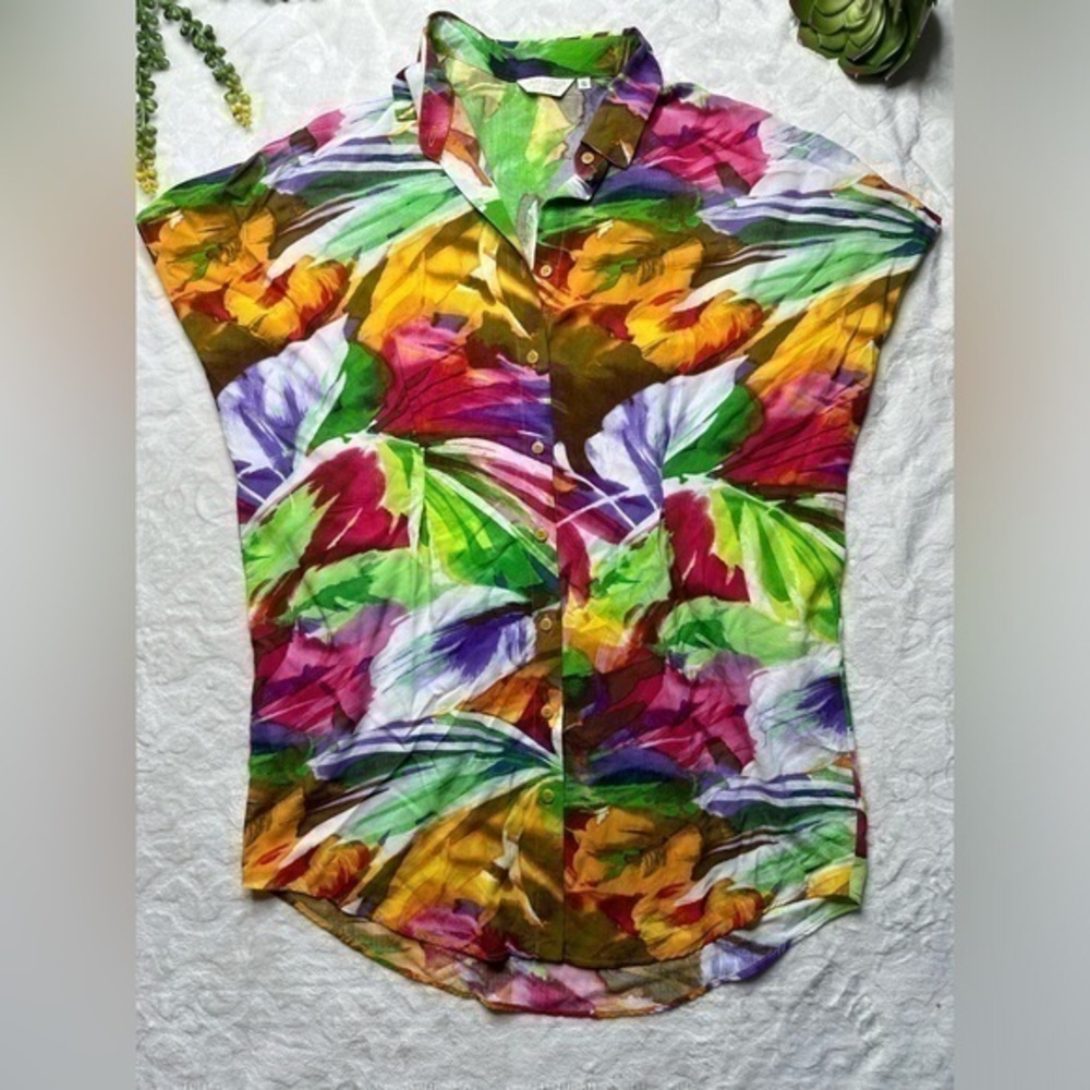 Jams World 50 Years Island Breeze Oversized Button Front Hawaiian Tunic Top Sm